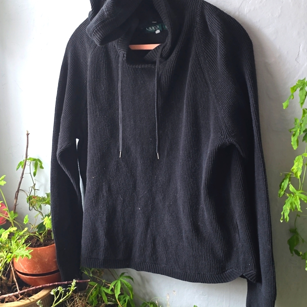 Ralph LAUREN RL Waffle Knit Sweater Hoody Black 100% Cotton Size XL